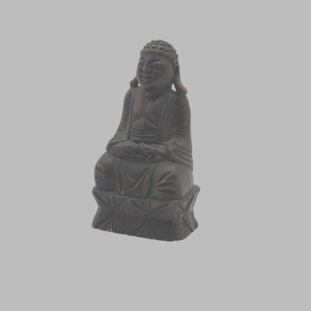 VTG Wooden Carved Oriental Meditating Buddha Art Figurine Korean Antique Wood